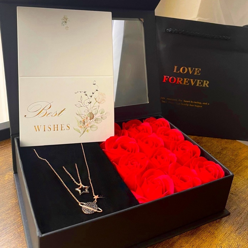 Women's Day Luxury Gift Box with Red Roses / 2 Sterling Silver Necklaces